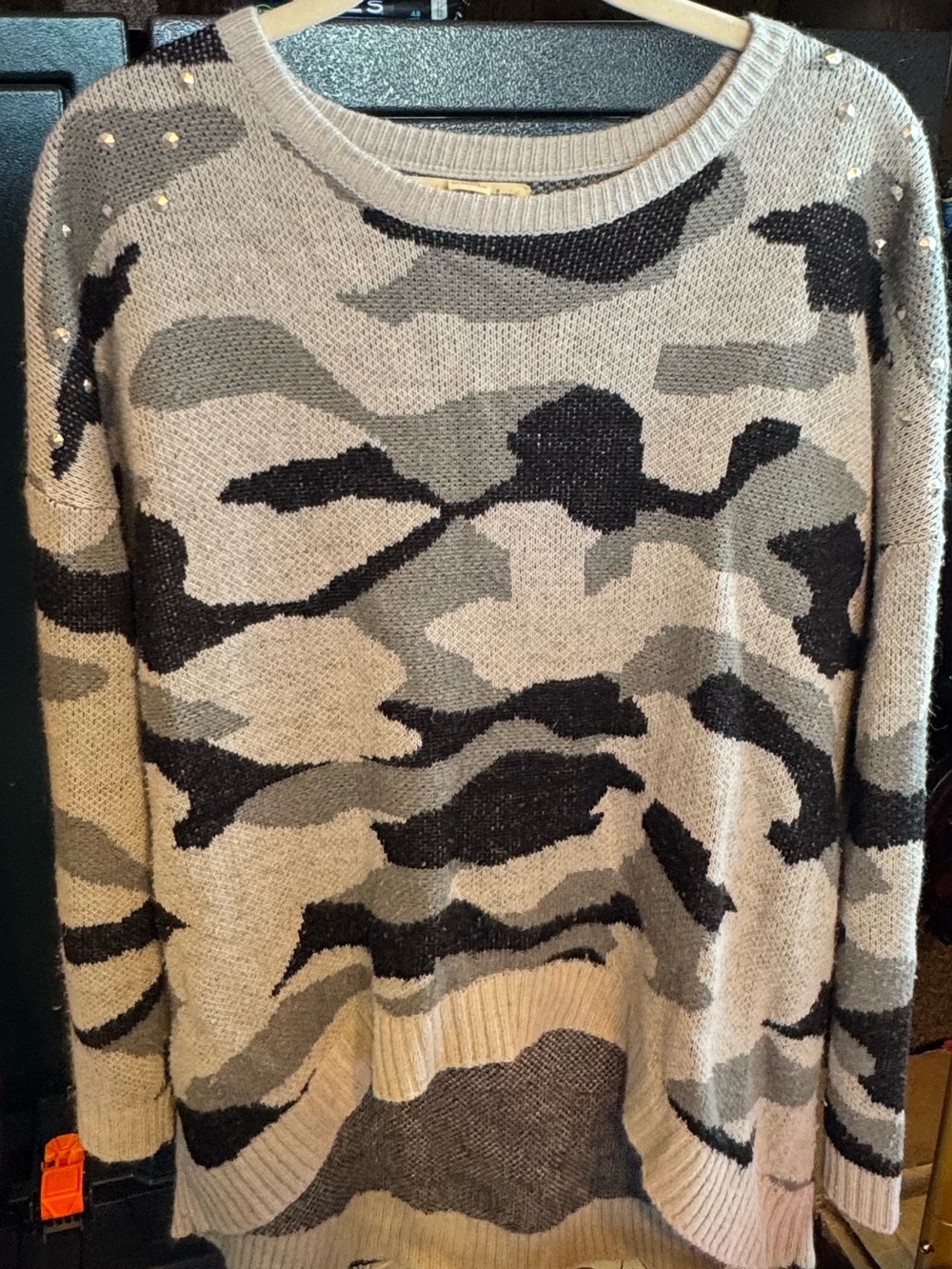 Black and Grey Camo Swoop Neck Sweater with Rhinestone detailing